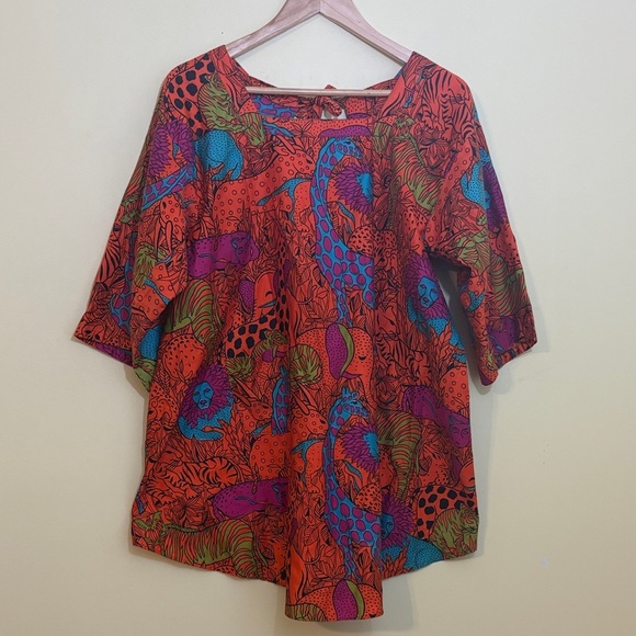 Vintage Design House Open Tie-Back Square Neck Hidden Safari Animal Top Shirt - Picture 3 of 15